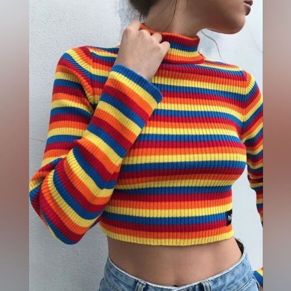 Minga London Rainbow Mock Neck Striped Ribbed Cropped Sweater - Picture 1 of 8